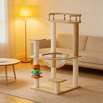 Modern Wood Cat Tree Tower with Acrylic Hammock and Toys