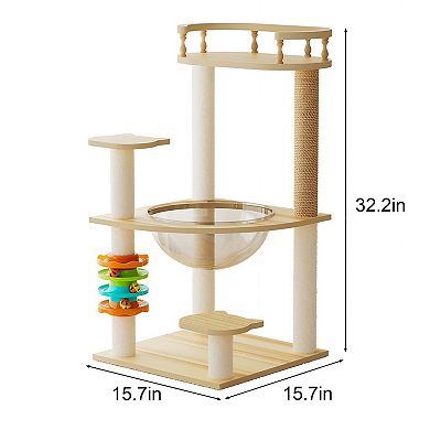 Modern Wood Cat Tree Tower with Acrylic Hammock and Toys
