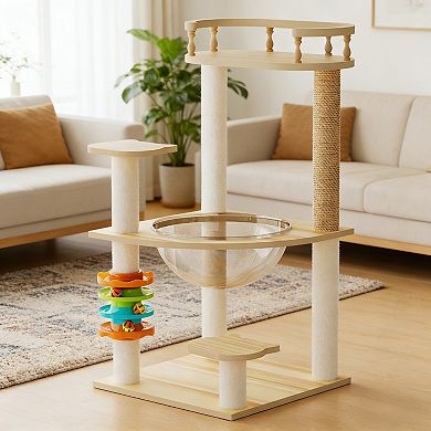 Modern Wood Cat Tree Tower with Acrylic Hammock and Toys