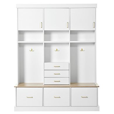 Modern 5-in-1 Entryway Hall Tree with Bench, 6 Drawers & Storage Cabinets
