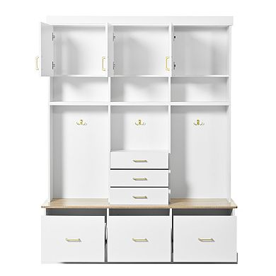 Modern 5-in-1 Entryway Hall Tree with Bench, 6 Drawers & Storage Cabinets