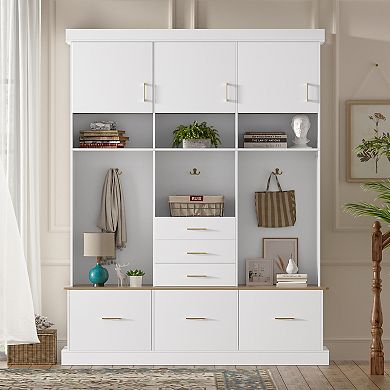 Modern 5-in-1 Entryway Hall Tree with Bench, 6 Drawers & Storage Cabinets