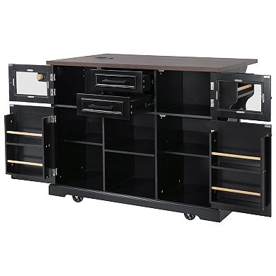 55-in. Rolling Kitchen Island with Drop Leaf, Power Outlets & Barn Doors