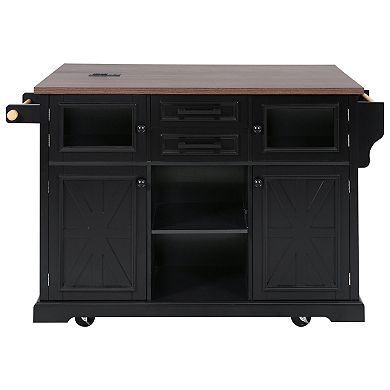 55-in. Rolling Kitchen Island with Drop Leaf, Power Outlets & Barn Doors