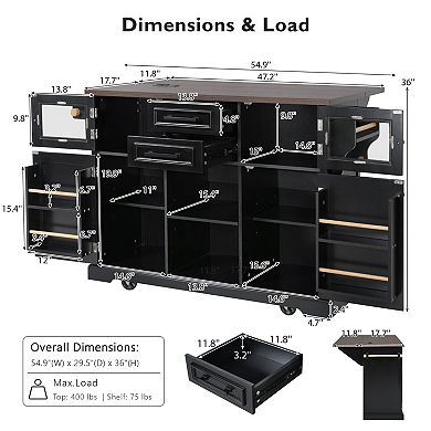 55-in. Rolling Kitchen Island with Drop Leaf, Power Outlets & Barn Doors