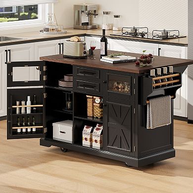 55-in. Rolling Kitchen Island with Drop Leaf, Power Outlets & Barn Doors
