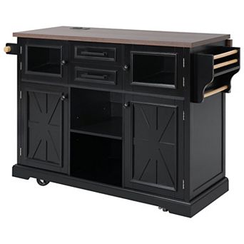 55 in Rolling Kitchen Island with Drop Leaf, Power Outlets & Barn Doors