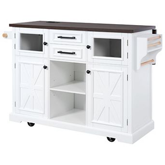 55 in Rolling Kitchen Island with Drop Leaf, Power Outlets & Barn Doors