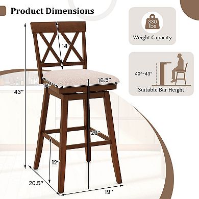 Costway 29" Bar Stool Wooden Chair with Contoured Backrest Swivel Padded Seat for Kitchen