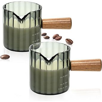 Great Ambitions 2 pc 4oz Espresso Cups, Wood Handle Demitasse & Frothing Pitcher Set