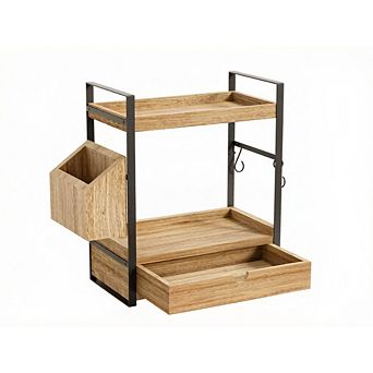 Great Ambitions 2 tier Wood Counter Organizer with Drawer & Basket for Bathroom Vanity