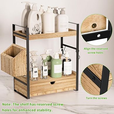 Great Ambitions 2-Tier Wood Counter Organizer with Drawer & Basket for Bathroom Vanity