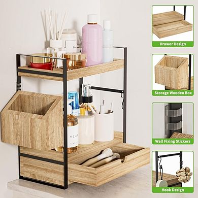Great Ambitions 2-Tier Wood Counter Organizer with Drawer & Basket for Bathroom Vanity