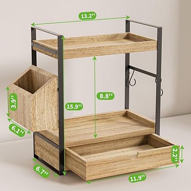 Great Ambitions 2-Tier Wood Counter Organizer with Drawer & Basket for Bathroom Vanity