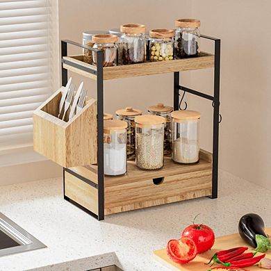 Great Ambitions 2-Tier Wood Counter Organizer with Drawer & Basket for Bathroom Vanity