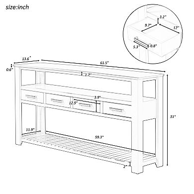 Aoolive 61.5'' Long Entryway Table with 4 Drawers, Vintage Console Table with 3-Tier Open Shelves
