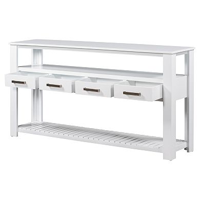 Aoolive 61.5'' Long Entryway Table with 4 Drawers, Vintage Console Table with 3-Tier Open Shelves