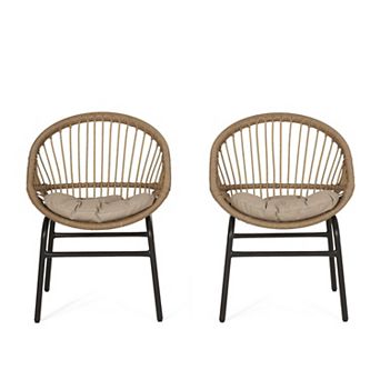 TEINIE Outdoor Accent Chair with Curved Back and Basket Frame, Set of 2, Light Brown and Beige