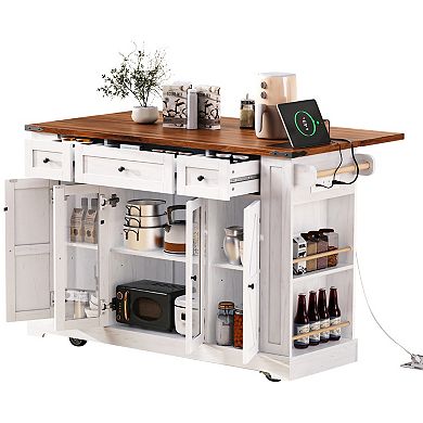 53" Farmhouse Kitchen Island with Drop Leaf, Power Outlet & Glass Doors