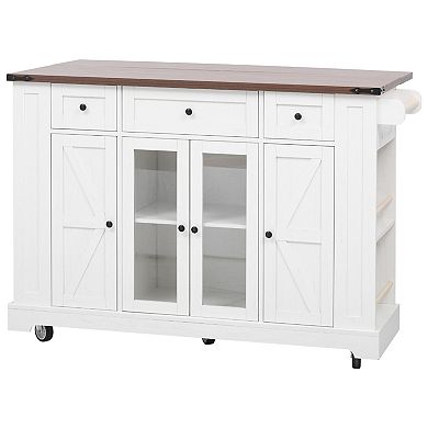 53" Farmhouse Kitchen Island with Drop Leaf, Power Outlet & Glass Doors