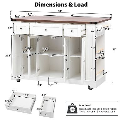 53" Farmhouse Kitchen Island with Drop Leaf, Power Outlet & Glass Doors