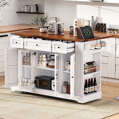 53" Farmhouse Kitchen Island with Drop Leaf, Power Outlet & Glass Doors