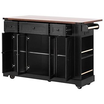 53" Farmhouse Kitchen Island with Drop Leaf, Power Outlet & Glass Doors