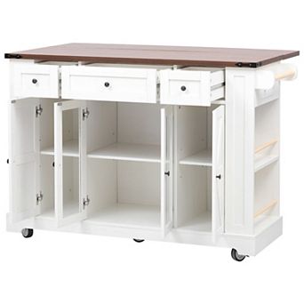 53" Farmhouse Kitchen Island with Drop Leaf, Power Outlet & Glass Doors