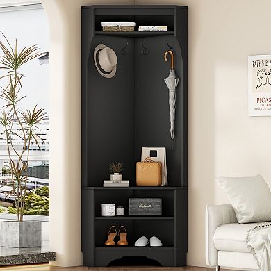 Minimalist Corner Hall Tree with Shoe Bench & 4 Hooks, Entryway Cabinet with Adjustable Shelf