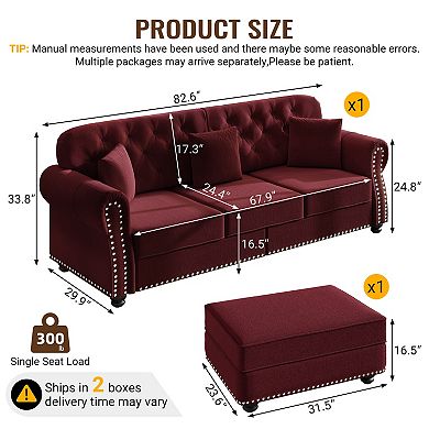 Merax 3Seater Chesterfield Velvet Sofa with Ottoman, Mid-Century Modern Button Tufted Sofa