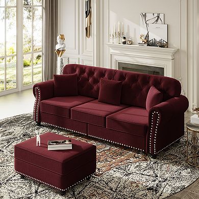 Merax 3Seater Chesterfield Velvet Sofa with Ottoman, Mid-Century Modern Button Tufted Sofa