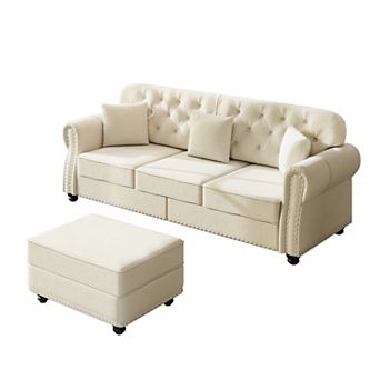 Merax 3Seater Chesterfield Velvet Sofa with Ottoman, Mid-Century Modern Button Tufted Sofa