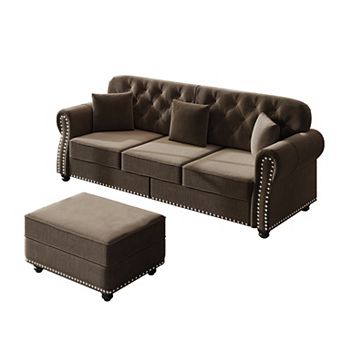 Merax 3Seater Chesterfield Velvet Sofa with Ottoman, Mid-Century Modern Button Tufted Sofa
