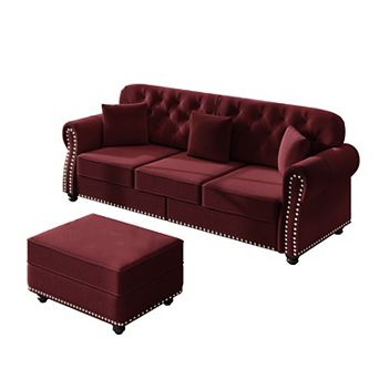 Merax 3Seater Chesterfield Velvet Sofa with Ottoman, Mid-Century Modern Button Tufted Sofa