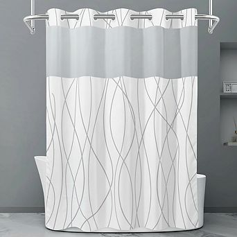 No Hook Grey White Striped Shower Curtain Set with Snap-in Liner & Mesh Top, 71x74 Inch