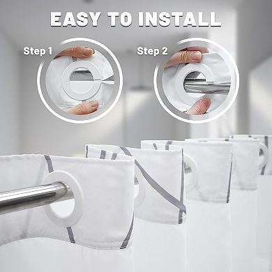 No Hook Grey White Striped Shower Curtain Set with Snap-in Liner & Mesh Top, 71x74 Inch