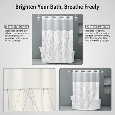 No Hook Grey White Striped Shower Curtain Set with Snap-in Liner & Mesh Top, 71x74 Inch