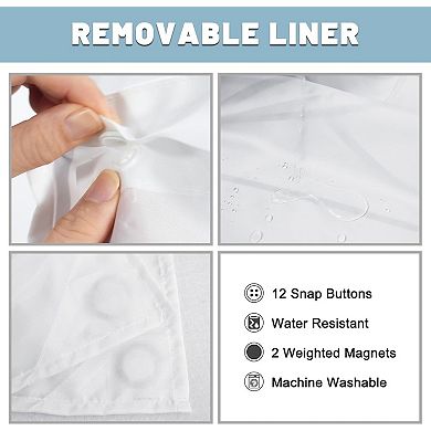 No Hook Grey White Striped Shower Curtain Set with Snap-in Liner & Mesh Top, 71x74 Inch