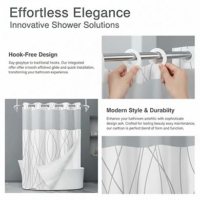 No Hook Grey White Striped Shower Curtain Set with Snap-in Liner & Mesh Top, 71x74 Inch