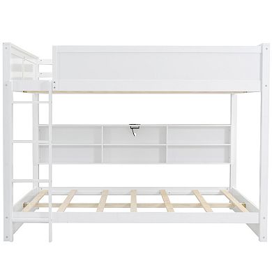 Queen over Queen Bunk Bed with Storage Cabinets & Built-in USB Ports