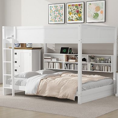 Queen over Queen Bunk Bed with Storage Cabinets & Built-in USB Ports