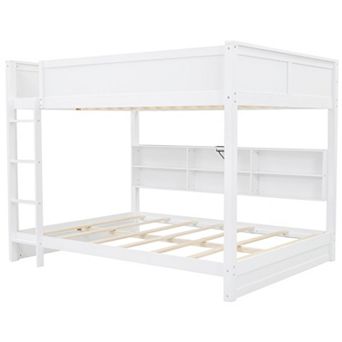 Queen over Queen Bunk Bed with Storage Cabinets & Built-in USB Ports