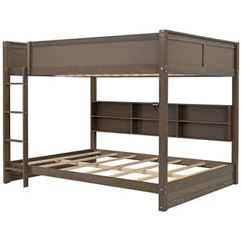 Queen over Queen Bunk Bed with Storage Cabinets & Built-in USB Ports