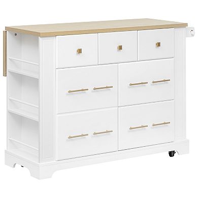 6-Drawer Rolling Kitchen Island with Power Outlet, Drop Leaf & Hidden Trash Storage