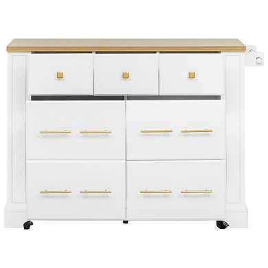 6-Drawer Rolling Kitchen Island with Power Outlet, Drop Leaf & Hidden Trash Storage