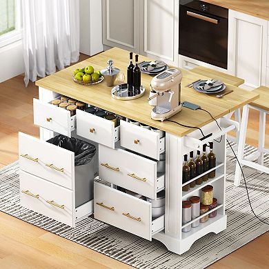 6-Drawer Rolling Kitchen Island with Power Outlet, Drop Leaf & Hidden Trash Storage