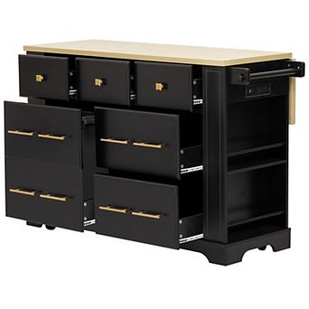 6-Drawer Rolling Kitchen Island with Power Outlet, Drop Leaf & Hidden Trash Storage