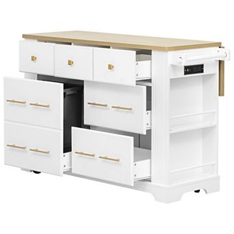 6-Drawer Rolling Kitchen Island with Power Outlet, Drop Leaf & Hidden Trash Storage
