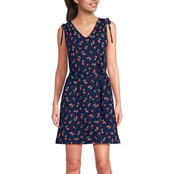 Women's Lands' End Cotton Jersey Shoulder Tie Belted Mini Dress