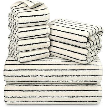 Great Ambitions 8 pc Black/White Stripe Towel Set, 2 Bath, 2 Hand, 4 Washcloths
